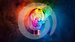 a colorful glowing idea bulb lamp, visualization of brainstorming, bright idea and creative thinking