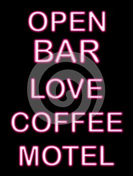 Colorful glowing neon lights graphic designs for cafe and bar signs on black