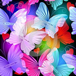Colorful glowing radial butterflies vector seamless pattern.