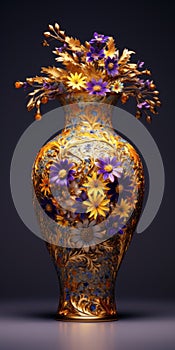 Colorful Gold And Purple Flower Vase With Zbrush Style