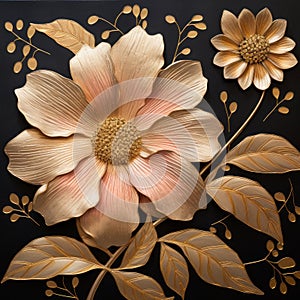 Colorful Golden Flowers On Black Background: Hyperrealistic Relief Sculpture