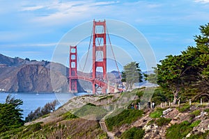 Colorful Golden Gate Bridge and Nature, Trees and Cliffs seen from San Francisco, CA