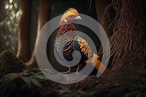 Colorful Golden Pheasant Full Body In Forest. Colorful and Vibrant Animal.