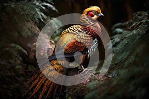 Colorful Golden Pheasant Full Body In Forest. Colorful and Vibrant Animal.