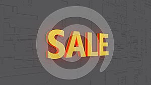Colorful golden sale sign with red light flash isolated on abstract background. 3D rendering.