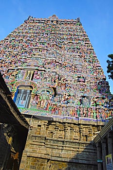 Colorful Gopuram, Sarangapani Temple, Kumbakonam, Tamil Nadu, India.