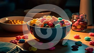 A colorful gourmet dessert bowl with sweet candy and fruit generated by AI