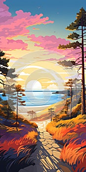 Colorful Gradient Art: Scenic View Illustration Of Forest And Dunes