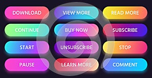 Colorful gradient button. Read, view and learn more buttons. Buy now, subscribe and color comment buttons vector set