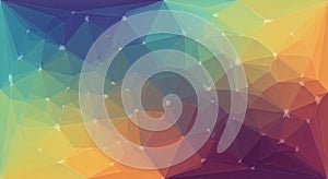 A colorful gradient geometric composition features interconnected polygons,