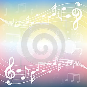 Colorful gradient music background illustration. Curved stave with music notes background