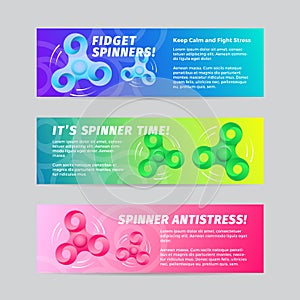 Colorful Gradient Vector Fidget Spinner Banners Set with Typography. Bright Strips for Web Sites and On-line Shops.