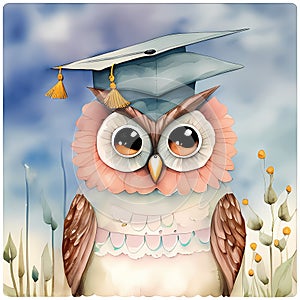 Colorful Graduation Owl Character - Funny Kids\' Storybook Style Watercolor Art