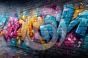 Colorful Graffiti Art on a Dark Brick Wall