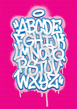 Colorful graffiti font alphabet on spray paint background. Vector illustration