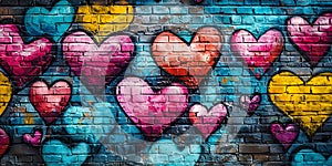 Colorful Graffiti Hearts Brick Wall Background Texture