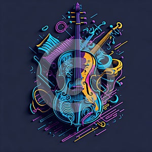 Colorful graffiti illustration of a violin, vibrant color, colorful G-clef symbols, highly detailed