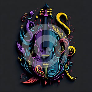 Colorful graffiti illustration of a violin, vibrant color, colorful G-clef symbols, highly detailed