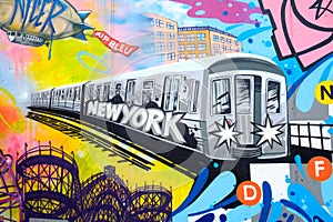 Colorful graffiti in New York City with an image of a subway tra