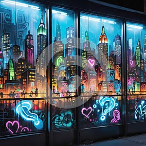 colorful graffiti on the streets of the night city, street culture and art,