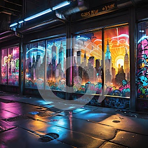 colorful graffiti on the streets of the night city, street culture and art,