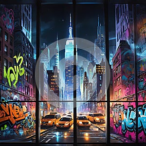 colorful graffiti on the streets of the night city, street culture and art,