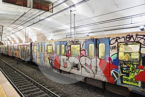 Colorful graffiti on a tube train