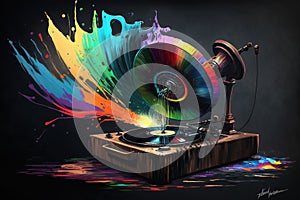 Colorful gramophone, record player abstract acryl painting.Generative ai