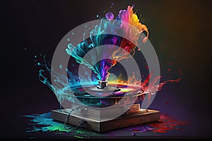 Colorful gramophone, record player abstract acryl painting.Generative ai