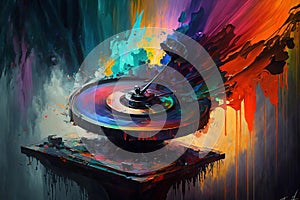 Colorful gramophone, record player abstract acryl painting.Generative ai