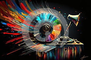 Colorful gramophone, record player abstract acryl painting.Generative ai