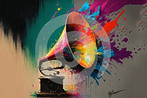 Colorful gramophone, record player abstract acryl painting.Generative ai