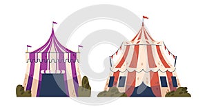 Colorful And Grand Circus Tents Inviting Wonder And Excitement Under Their Billowing Canopies, Vector Illustration