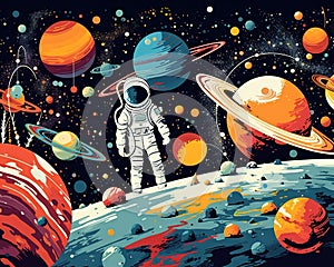 The colorful graphic depicts astronauts.