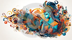 A colorful graphic design featuring Lord Krishna holding a bansuri and surrounded by pots and peacock feathers, AI Generative