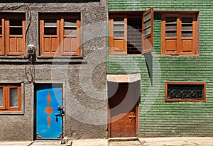 Colorful and graphic of traditional buildings in Srinagar , Kashmir