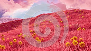 Colorful Grass Meadow with Flowers and Wind - Nature Landscape Loop Background