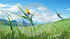 Tropical Grass Field With Avian Illustrations: A Photorealistic Bird Of Paradise photo