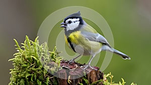 Colorful Great Tit Bird Singing on Mossy Stump