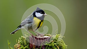 Colorful Great Tit Bird Singing on Mossy Stump