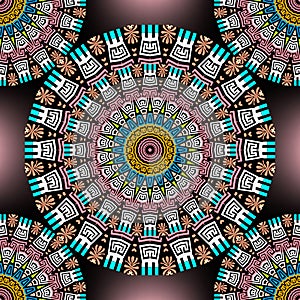 Colorful greek mandalas seamless pattern. Ornamental floral vector glowing background. Modern abstract greek key meander round