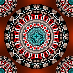 Colorful greek mandalas seamless pattern. Ornamental floral vector red background. Modern abstract greek key meander round