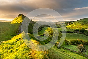 Colorful Green Fields With Bright Summer Early Morning Sunlight At Chrome Hill In The Peak District, UK.