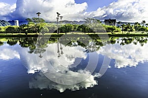 Colorful Green Trees Clouds Ala Wai Canal Reflection Honolulu Hawaii