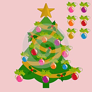 Colorful greeting card with Happy New Year, Christmas tree, Holly Berry, star, toys, garlands