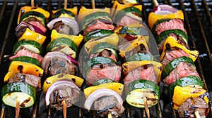 Colorful grilled vegetable and meat skewers on a barbecue.