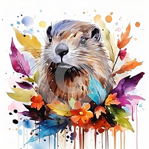 Colorful Groundhog With Leaves Watercolor Painting Print