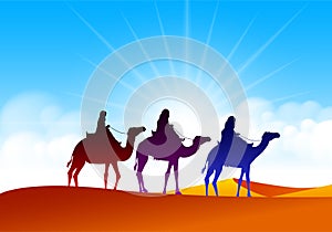 Colorful Group of Arab People with Camels Caravan