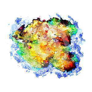 Colorful Grunge Splatter. Splash Banner. Watercolor Painting. Yellow Distress frame. Dirty Art Painting. Watercolour Distress Spla