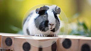 Colorful Guinea Pig on Wooden Blocks